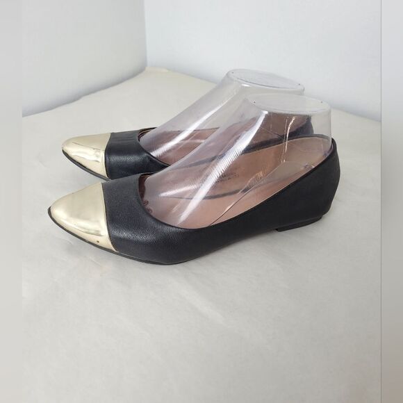Restricted Leather Ballet Flat Shoes Black Gold Cap Two Tone Formal Slip On 6 - Picture 2 of 10